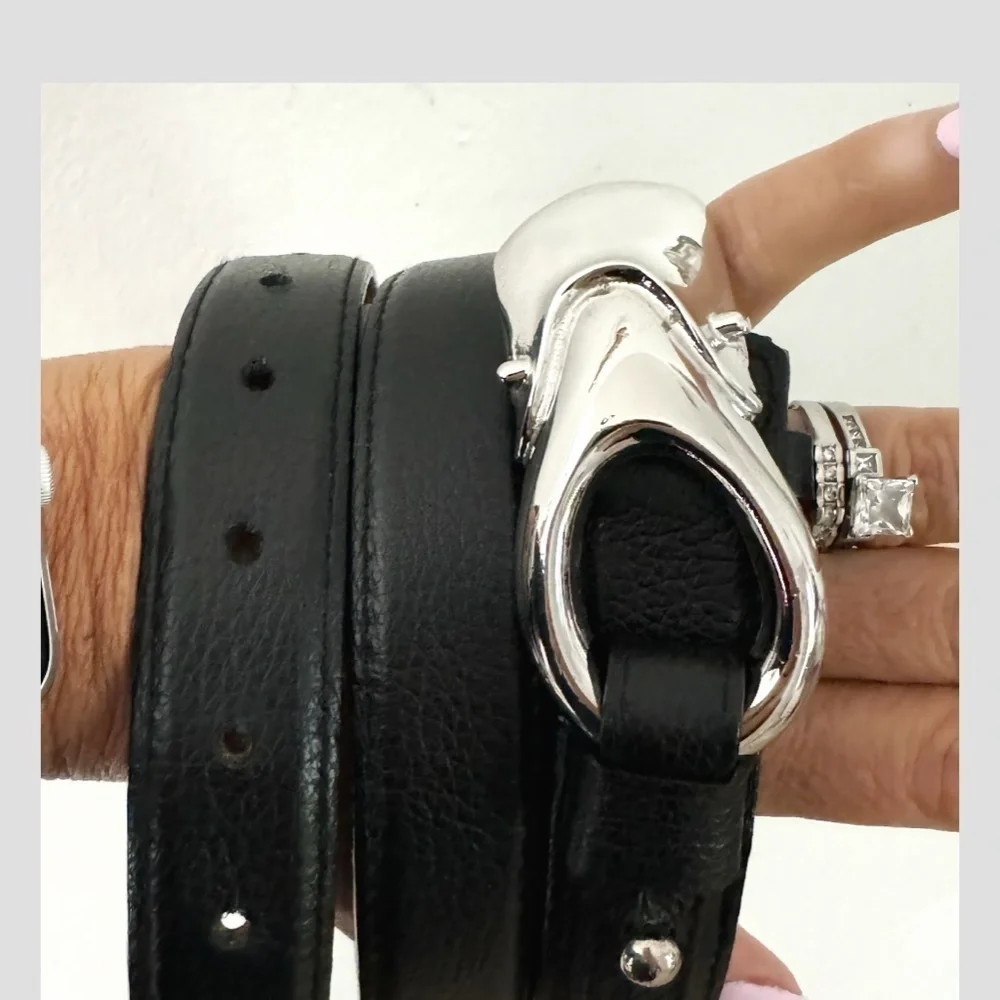 Brian Toohey Pebbled Leather Belt Black Silver Hardware Buckle Size Small 30/34
